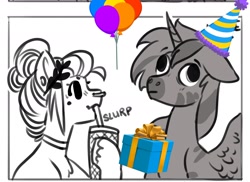 Size: 1834x1337 | Tagged: safe, artist:opalacorn, imported from derpibooru, oc, oc:silver stream, oc:void, alicorn, pegasus, pony, zebra, zebra alicorn, balloon, birthday, choker, drink, drinking, drinking straw, duo, duo male and female, female, hat, hoof hold, laurel wreath, male, mare, mole, nose piercing, nose ring, partial color, party hat, piercing, present, slurp, stallion