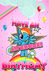 Size: 421x603 | Tagged: safe, artist:marefieber, imported from derpibooru, rainbow dash, pegasus, pony, awesome, balloon, birthday, birthday card, cheerful, circle, cloud, confetti, cute, female, font, geometric figures, looking at you, mare, one eye closed, pink background, rainbow, simple background, smiling, smiling at you, solo, spread wings, stars, text, wings, wink, winking at you