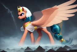 Size: 1216x832 | Tagged: safe, imported from derpibooru, somnambula, pegasus, ai content, ai generated, cloud, cloudy, female, frown, generator:civitai, generator:pony diffusion v6 xl, generator:stable diffusion, lightning, macro, prompter:nickdisneyfan78, pyramid, solo, solo female