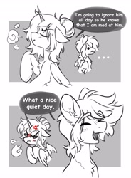 Size: 3013x4096 | Tagged: safe, artist:opalacorn, imported from derpibooru, oc, oc only, oc:asteria, oc:blue skies, pegasus, pony, unicorn, ..., 2 panel comic, angry, artificial wings, augmented, black and white, bust, chest fluff, comic, cross-popping veins, dialogue, duo, duo male and female, emanata, eyes closed, female, floppy ears, grayscale, high res, horn, magic, magic wings, male, mare, monochrome, oc x oc, open mouth, open smile, partial color, shipping, silent treatment, simple background, smiling, speech bubble, stallion, straight, white background, wings