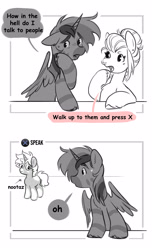 Size: 2400x3941 | Tagged: safe, artist:opalacorn, imported from derpibooru, oc, oc only, oc:nootaz, oc:silver stream, oc:void, alicorn, pegasus, pony, unicorn, zebra, zebra alicorn, 2 panel comic, comic, dark genitals, dialogue, female, horn, male, mare, nose piercing, nose ring, nudity, partial color, piercing, simple background, speech bubble, stallion, trio, white background, zebra oc