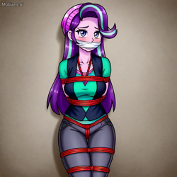 Size: 1024x1024 | Tagged: safe, imported from derpibooru, starlight glimmer, human, equestria girls, ai content, ai generated, bondage, bound and gagged, breasts, busty starlight glimmer, cloth gag, female, gag, helpless, rope, solo