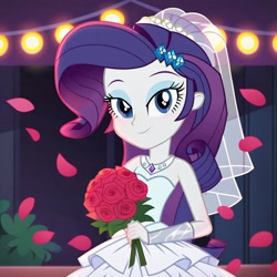 Size: 1024x1024 | Tagged: safe, imported from derpibooru, rarity, human, equestria girls, ai content, ai generated, bouquet of flowers, clothes, cute, dress, flower, generator:pony diffusion v6 xl, generator:stable diffusion, lights, looking at you, marriage, petals, prompter:harvydraws, rose, smiling, smiling at you, solo, wedding, wedding dress