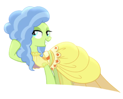 Size: 894x720 | Tagged: safe, edit, edited screencap, editor:marefieber, imported from derpibooru, screencap, earth pony, pony, honest apple, season 7, clothes, dress, fashion, fashion show, female, gown, mare, morning glory (g4), png, raised hoof, simple background, smiling, solo, teeth, transparent background, turned head, yellow dress