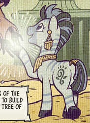 Size: 485x661 | Tagged: safe, artist:andy price, idw, imported from derpibooru, zebra, spoiler:comic, spoiler:comic100, butt, knights of harmony, nzuri, piercing, season 10, smiling, solo