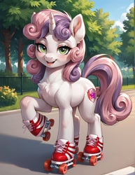 Size: 987x1280 | Tagged: safe, imported from derpibooru, sweetie belle, pony, unicorn, ai content, ai generated, blushing, bush, chest fluff, ear fluff, female, full body, generator:pony diffusion v6 xl, generator:stable diffusion, hoof shoes, horn, knee blush, lidded eyes, looking at you, mare, older, older sweetie belle, open mouth, open smile, outdoors, park, prompter:lager ai, roller skates, skates, sky, smiling, smiling at you, solo, tree