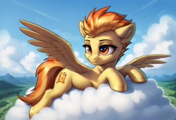 Size: 1216x832 | Tagged: safe, imported from derpibooru, spitfire, pegasus, ai content, ai generated, cloud, generator:pony diffusion v6 xl, generator:stable diffusion, lying down, prompter:thelight3d, spread wings, wings