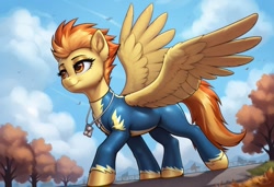 Size: 1216x832 | Tagged: safe, imported from derpibooru, spitfire, pegasus, ai content, ai generated, autumn, clothes, generator:pony diffusion v6 xl, generator:stable diffusion, prompter:thelight3d, spread wings, tail, uniform, wings, wonderbolts uniform