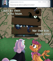 Size: 1500x1710 | Tagged: safe, artist:drxii, imported from derpibooru, scootaloo, sweetie belle, oc, oc:ipsywitch, pony, friendship is magic, ask, dialogue, female, my little pony, smoking, tumblr