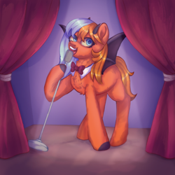 Size: 1280x1280 | Tagged: safe, imported from derpibooru, oc, oc only, oc:singsong, bat pony, pony, blue eyes, female, filly, foal, food, horns, long mane, microphone, open mouth, orange, scene interpretation, scenery, solo, spots, spread wings, wings