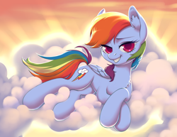 Size: 3300x2550 | Tagged: safe, artist:taytinabelle, derpibooru exclusive, imported from derpibooru, rainbow dash, pegasus, pony, backlighting, bedroom eyes, chest fluff, cloud, crossed hooves, ear fluff, eye clipping through hair, female, lighting, looking at you, lying down, mare, smiling, smug, solo, sunset