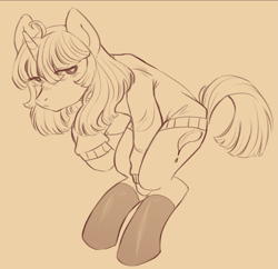 Size: 1239x1199 | Tagged: safe, artist:alex6886, imported from derpibooru, stygian, pony, unicorn, clothes, horn, looking at you, male, monochrome, socks, solo, stygian's cutie mark, sweater, thigh highs, turtleneck