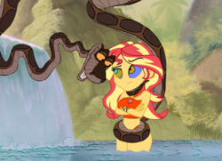 Size: 1024x741 | Tagged: safe, artist:reforgediron, imported from derpibooru, sunset shimmer, human, equestria girls, bikini, breasts, busty sunset shimmer, clothes, coils, crossed arms, duo, female, frown, hypno eyes, hypnosis, hypnotized, kaa, kaa eyes, looking at each other, looking at someone, male, open mouth, open smile, smiling, story included, suspicious, swimsuit, water, waterfall