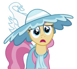 Size: 797x720 | Tagged: safe, edit, edited screencap, editor:marefieber, imported from derpibooru, screencap, swan song, bird, earth pony, pony, swan, season 2, sweet and elite, big hat, bow, clothes, concerned, dress, female, hat, mare, open mouth, png, simple background, solo, tail, tail bow, transparent background, worried