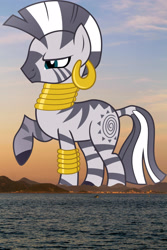 Size: 1400x2100 | Tagged: safe, artist:uxyd, edit, editor:jaredking779, imported from derpibooru, zecora, pony, zebra, bracelet, ear piercing, earring, female, giant zebra, giantess, highrise ponies, irl, jewelry, leg rings, macro, mountain, mountain range, neck rings, ocean, outdoors, photo, piercing, ponies in real life, raised hoof, solo, story included, water