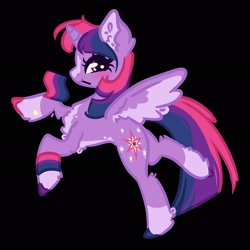 Size: 2048x2048 | Tagged: safe, artist:dovahkiira, imported from derpibooru, twilight sparkle, alicorn, pony, bisexual pride flag, black background, chest fluff, coat markings, colored hooves, colored wings, cute, ear fluff, female, flag, holding flag, hooves, looking at you, mare, mouth hold, pride, pride flag, raised hooves, redesign, side view, simple background, smiling, socks (coat markings), solo, solo female, spread wings, standing, standing on one leg, three toned mane, twilight sparkle (alicorn), unshorn fetlocks, wings