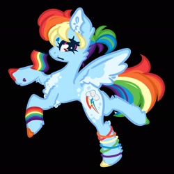 Size: 2048x2048 | Tagged: safe, artist:dovahkiira, imported from derpibooru, rainbow dash, pegasus, pony, black background, bracelet, chest fluff, coat markings, cute, ear fluff, female, flag, gay pride flag, hoof heart, jewelry, looking at you, mare, mouth hold, pride, pride flag, raised hooves, redesign, simple background, smiling, solo, solo female, spread wings, standing, standing on one leg, unshorn fetlocks, wings