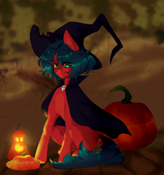 Size: 1200x1280 | Tagged: safe, imported from derpibooru, earth pony, pony, clothes, costume, dark, female, halloween, halloween costume, hat, holiday, light, looking at you, pumpkin, smiling, solo, spooky, witch, witch hat