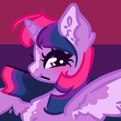 Size: 680x680 | Tagged: safe, artist:dovahkiira, imported from derpibooru, twilight sparkle, alicorn, pony, alternate design, alternate mane color, bilight sparkle, bisexual pride flag, colored lineart, female, flag background, mare, pride, pride background, pride flag, profile, solo, striped background, three toned background