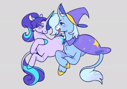 Size: 2048x1444 | Tagged: safe, artist:fenceington, imported from derpibooru, starlight glimmer, trixie, pony, unicorn, cape, clothes, curved horn, duo, duo female, female, gray background, hat, horn, leonine tail, lesbian, looking at each other, looking at someone, lying down, mare, prone, raised hoof, redesign, shipping, simple background, smiling, startrix, tail, two toned mane, unshorn fetlocks