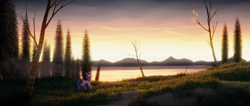 Size: 2360x1000 | Tagged: safe, artist:fluffyrescent, artist:shamanguli, imported from derpibooru, twilight sparkle, alicorn, pony, 2d to 3d, 3d, blender, female, lake, mare, mountain, mountain range, render, scenery, solo, sunset, tree, twilight sparkle (alicorn), water