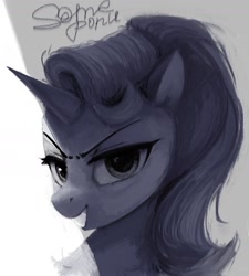 Size: 1140x1265 | Tagged: safe, artist:some_ponu, imported from derpibooru, starlight glimmer, pony, unicorn, evil grin, female, grin, horn, lidded eyes, looking at you, mare, monochrome, signature, simple background, smiling, solo, white background