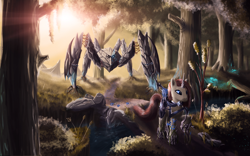 Size: 1280x800 | Tagged: safe, artist:sylar113, imported from derpibooru, oc, oc only, oc:daylight lucidity, pony, unicorn, armor, bridge, female, forest, horn, mare, nature, river, stream, tree, water