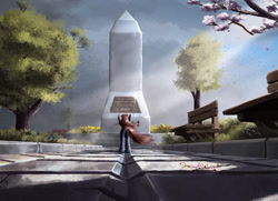 Size: 1214x880 | Tagged: safe, artist:sylar113, imported from derpibooru, oc, oc only, pony, bench, flower, monument, mouth hold, park bench, solo, victory day, world war ii