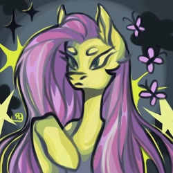 Size: 1024x1024 | Tagged: safe, artist:poison, imported from derpibooru, fluttershy, butterfly, pegasus, pony, cyrillic, dark background, female, mare, russian, signature, stars