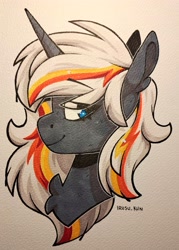 Size: 2918x4065 | Tagged: safe, artist:lrusu, imported from derpibooru, oc, oc only, oc:velvet remedy, unicorn, fallout equestria, aside glance, blue eyes, bust, chest fluff, eye clipping through hair, female, high res, horn, looking at you, mare, marker drawing, multicolored hair, painting, portrait, side view, sideways glance, smiling, solo, traditional art, unicorn oc