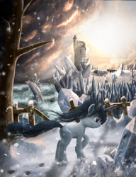 Size: 700x910 | Tagged: safe, artist:sylar113, imported from derpibooru, oc, oc only, pony, unicorn, crystal, horn, scenery, snow, snowfall, solo, tower, winter