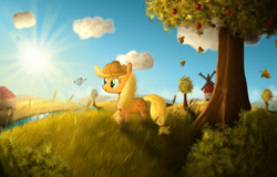 Size: 940x600 | Tagged: safe, artist:sylar113, imported from derpibooru, applejack, butterfly, earth pony, pony, apple, apple tree, female, food, mare, scenery, solo, tree, windmill