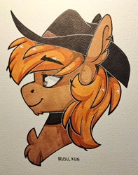 Size: 3040x3864 | Tagged: safe, artist:lrusu, imported from derpibooru, oc, oc only, oc:calamity, pegasus, pony, fallout equestria, bust, chest fluff, cowboy hat, hat, male, marker drawing, painting, pegasus oc, portrait, side view, smiling, solo, stallion, traditional art, wings