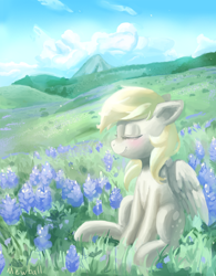 Size: 772x990 | Tagged: safe, artist:mewball, imported from derpibooru, derpy hooves, pegasus, pony, cloud, cloudy, cute, derpabetes, eyes closed, female, mare, scenery, sitting, solo