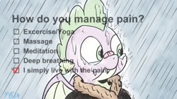 Size: 1200x675 | Tagged: safe, artist:pony-berserker, imported from derpibooru, spike, bandaid, bandaid on nose, clothes, coat, how do you manage pain, meme, meme reference, pony-berserker's twitter sketches, pony-berserker's twitter sketches (2024), rain, wet