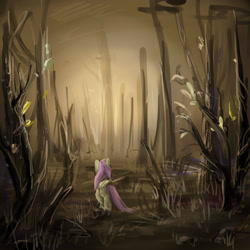 Size: 2449x2449 | Tagged: safe, artist:katemaximova, imported from derpibooru, fluttershy, pegasus, pony, dark, female, forest, mare, nature, scenery, solo, tree