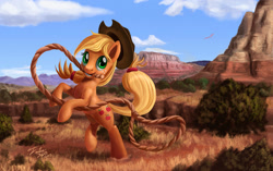 Size: 1920x1203 | Tagged: safe, artist:tsitra360, imported from derpibooru, applejack, earth pony, phoenix, pony, canyon, female, lasso, mare, mouth hold, rearing, rope, scenery, solo