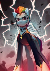 Size: 2480x3508 | Tagged: safe, artist:annna markarova, imported from derpibooru, rainbow dash, zapp, pegasus, pony, power ponies (episode), clothes, costume, female, film grain, folded wings, halftone, high res, lightning, looking at you, mare, power ponies, screentone, solo, wings