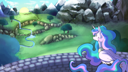 Size: 3265x1837 | Tagged: safe, artist:mentotoothpicks, imported from derpibooru, princess celestia, alicorn, pony, 4everfreebrony, ear fluff, female, lake, looking at something, mare, mountain, no pupils, scenery, solo, tree, water, waterfall