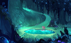 Size: 3000x1825 | Tagged: safe, artist:bananitryi, imported from derpibooru, pinkie pie, earth pony, pony, too many pinkie pies, cave, female, mare, mirror pool, reflection, scene interpretation, scenery, scenery porn, solo