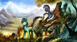 Size: 1920x1060 | Tagged: safe, artist:ziom05, imported from derpibooru, oc, oc only, oc:poison joke, earth pony, pony, unicorn, wolf, commission, forest, horn, male, mountain, nature, scenery, stallion, tree