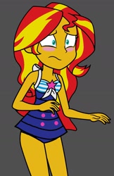 Size: 997x1536 | Tagged: safe, artist:dragonkingamn, edit, edited screencap, imported from derpibooru, screencap, sunset shimmer, equestria girls, :s, blushing, clothes, nervous, one-piece swimsuit, sci-twi swimsuit, sleeveless, swimsuit, swimsuit swap, wavy mouth