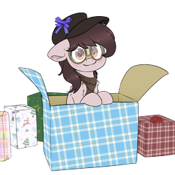 Size: 3000x3000 | Tagged: safe, artist:fluffyxai, imported from derpibooru, oc, oc only, oc:fetch, pony, box, hearth's warming, pony in a box, present, solo