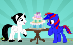 Size: 6000x3700 | Tagged: safe, artist:brightstar40k, imported from derpibooru, oc, oc:bright star, oc:stephen (stephen-fisher), alicorn, alicorn oc, birthday cake, cake, food, happy birthday, horn, male, wings