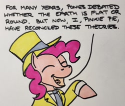 Size: 2048x1727 | Tagged: safe, artist:hoofclid, imported from derpibooru, pinkie pie, earth pony, pony, bust, clothes, dialogue, eyes closed, hat, marker drawing, necktie, open mouth, open smile, smiling, solo, suit, top hat, traditional art