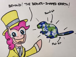 Size: 2048x1536 | Tagged: safe, artist:hoofclid, imported from derpibooru, pinkie pie, beaver, earth pony, pony, bust, clothes, dialogue, earth, hat, looking at you, marker drawing, necktie, open mouth, open smile, smiling, smiling at you, solo, suit, talking to viewer, top hat, traditional art