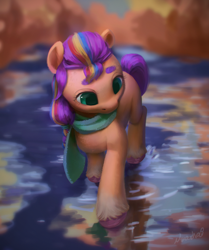 Size: 1808x2160 | Tagged: safe, artist:noasha, imported from derpibooru, sunny starscout, earth pony, pony, autumn, clothes, female, g5, mane stripe sunny, mare, puddle, sad, scarf, solo