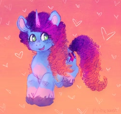 Size: 2100x1968 | Tagged: safe, artist:plushiepaint, imported from derpibooru, pony, unicorn, abstract background, female, g5, gradient background, heart, horn, looking at you, mare, misty brightdawn, rebirth misty, solo