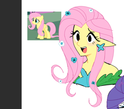 Size: 1750x1546 | Tagged: safe, artist:syrupyyy, imported from derpibooru, fluttershy, rarity, human, pegasus, pony, blush sticker, blushing, bust, clothes, ear piercing, earring, elf ears, female, humanized, jewelry, mare, no iris, off shoulder, offscreen character, open mouth, open smile, piercing, pony coloring, screencap reference, simple background, smiling, solo focus, white background