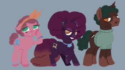 Size: 4000x2252 | Tagged: safe, artist:bouquetofmag, imported from derpibooru, oc, oc only, earth pony, pony, unicorn, bow, clothed ponies, ear piercing, facial hair, female, hair bow, horn, male, mare, mole, original character do not steal, piercing, pink mane, size chart, size comparison, stallion, stallion oc